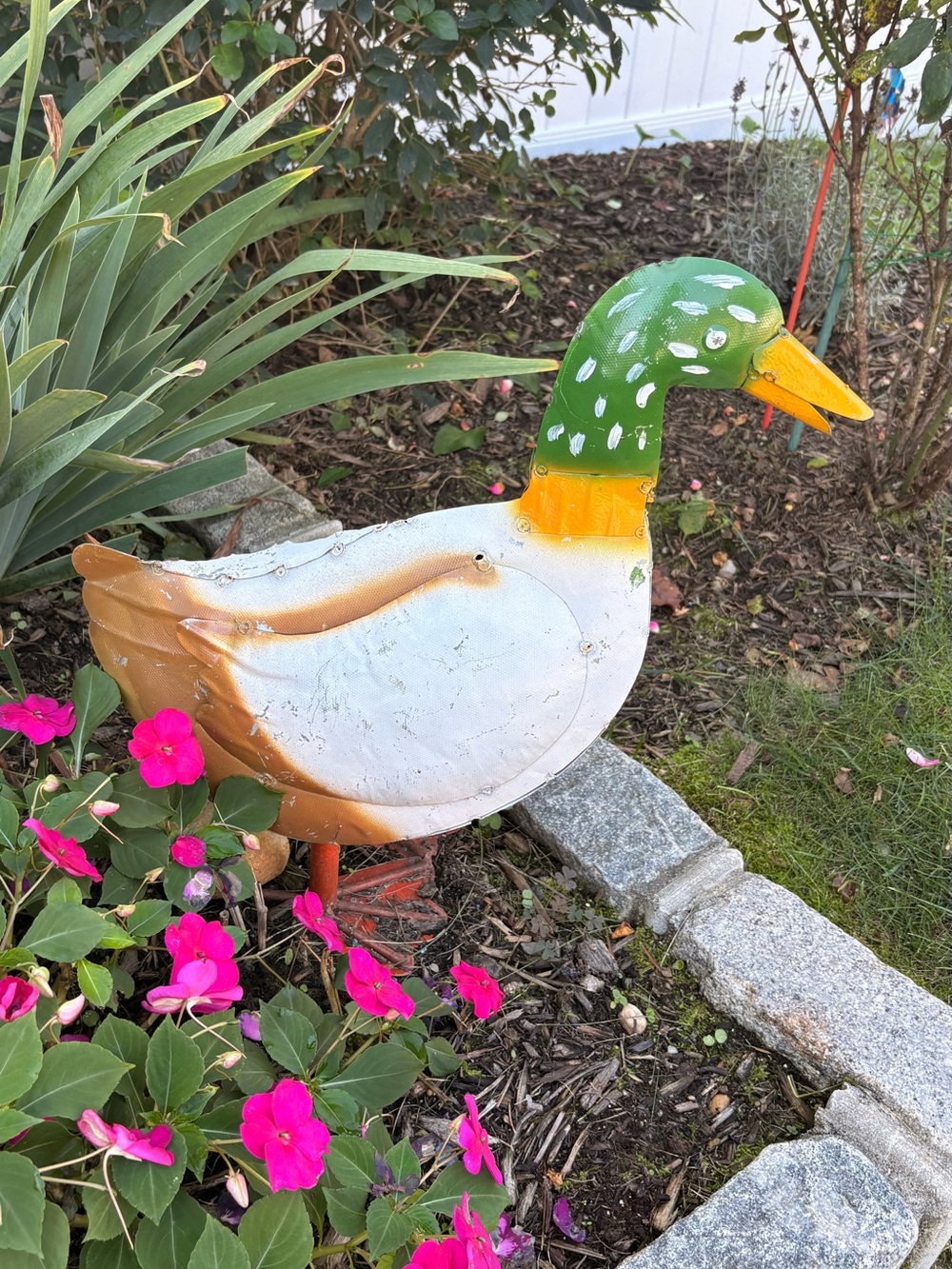 Big Decorative Garden Duck Statue in Green, White, and Brown - 14”